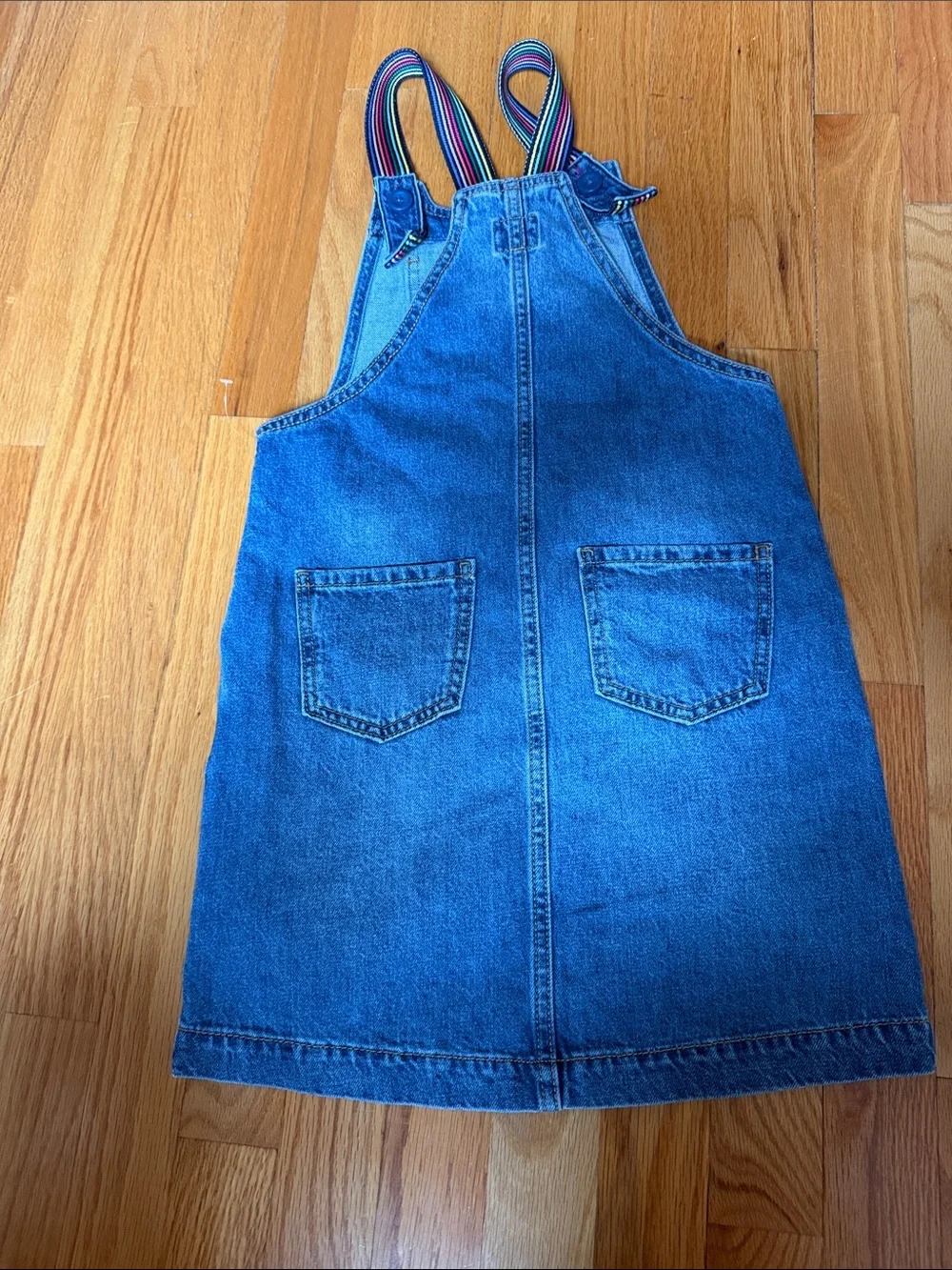 GAP Blue Denim Pinafore Dress with Rainbow Straps